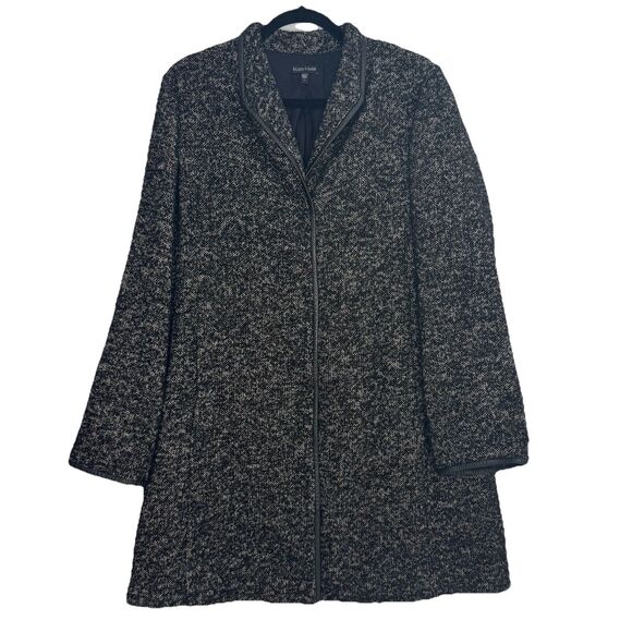 Eileen Fisher Tweed Coat Jacket Womens Wool Blend Leather Trim Long Lined Sz L - Picture 2 of 11
